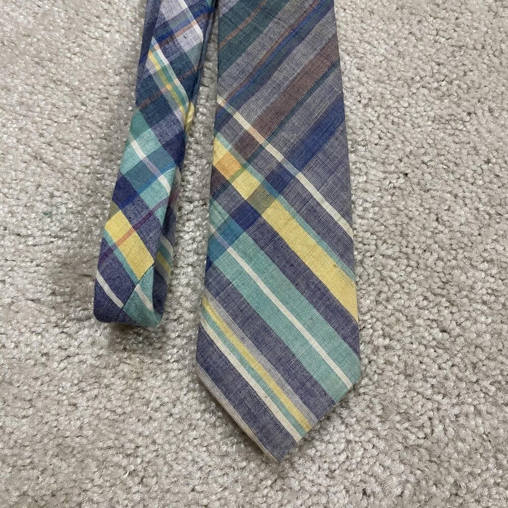 VTG RAM Tie Mens Multicolor Madras Plaid 100% Cotton Skinny Necktie USA Preppy
